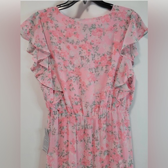 Charles Henry Ruffle Sleeve Floral Faux Wrap Dress In Pink Blossom Size M - Picture 4 of 6